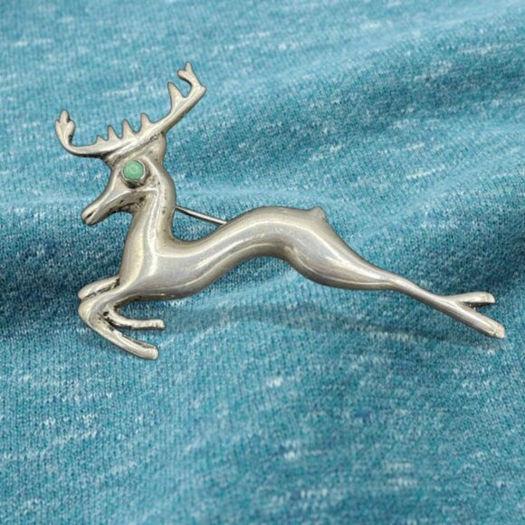 Vintage Old Sterling Silver Turquoise Mexico Deer Stag Brooch Buck - Picture 12 of 13